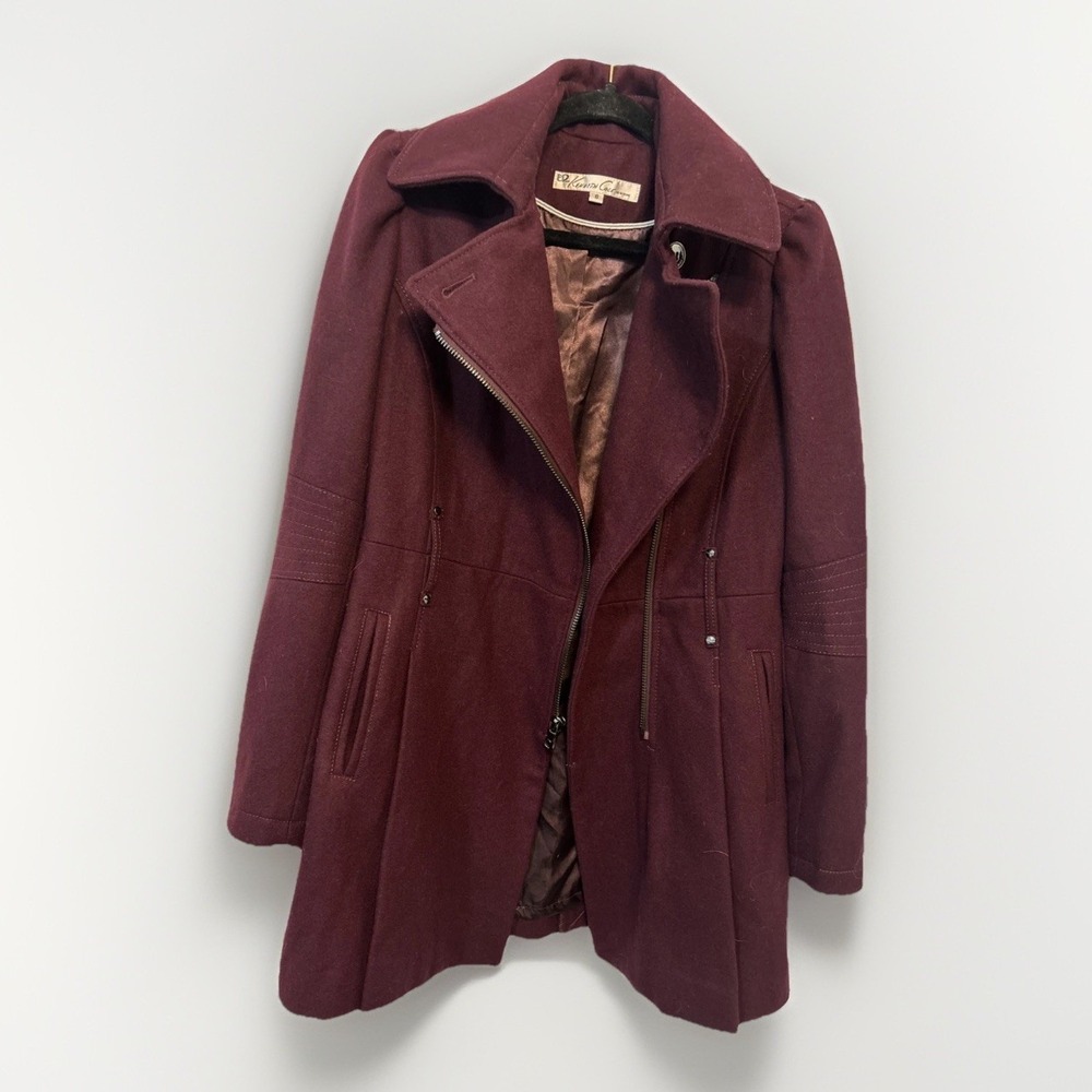 Kenneth Cole NY Wool Blend Women Maroon Winter Coat Full Zip Moto Jacket Size 8